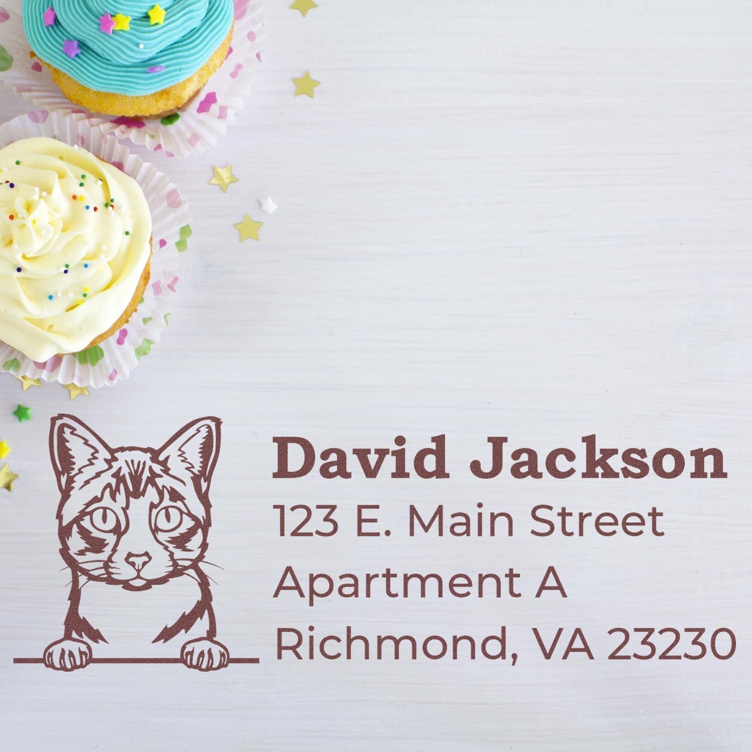Personalized cat return address rubber stamp with name and Richmond, VA address for custom mailings and cards