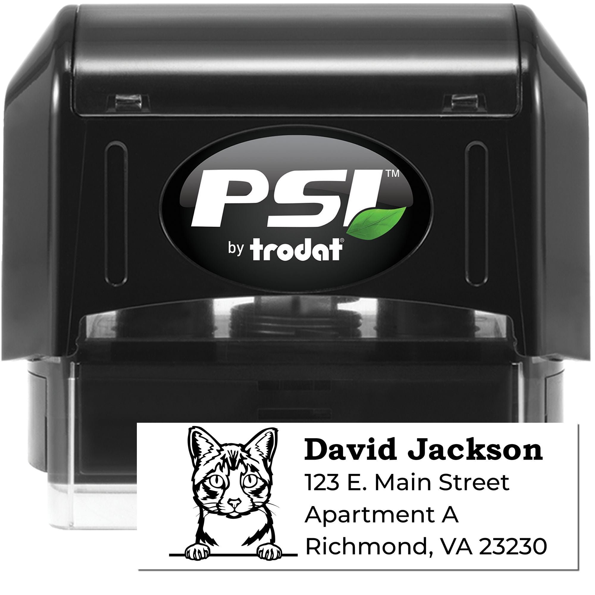 Custom self-inking rubber stamp by PSI Trodat with cat address design for personalized mailing and return addresses.