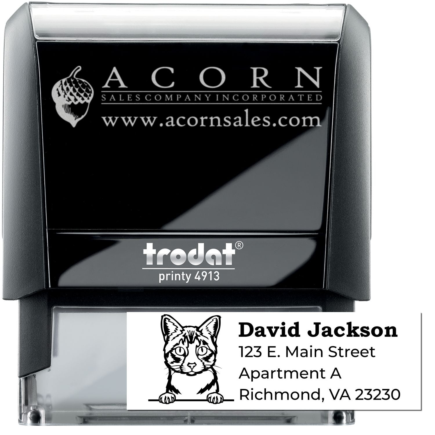 Custom self-inking rubber stamp with logo and address, ideal for business mailing and personalized return address stamping.