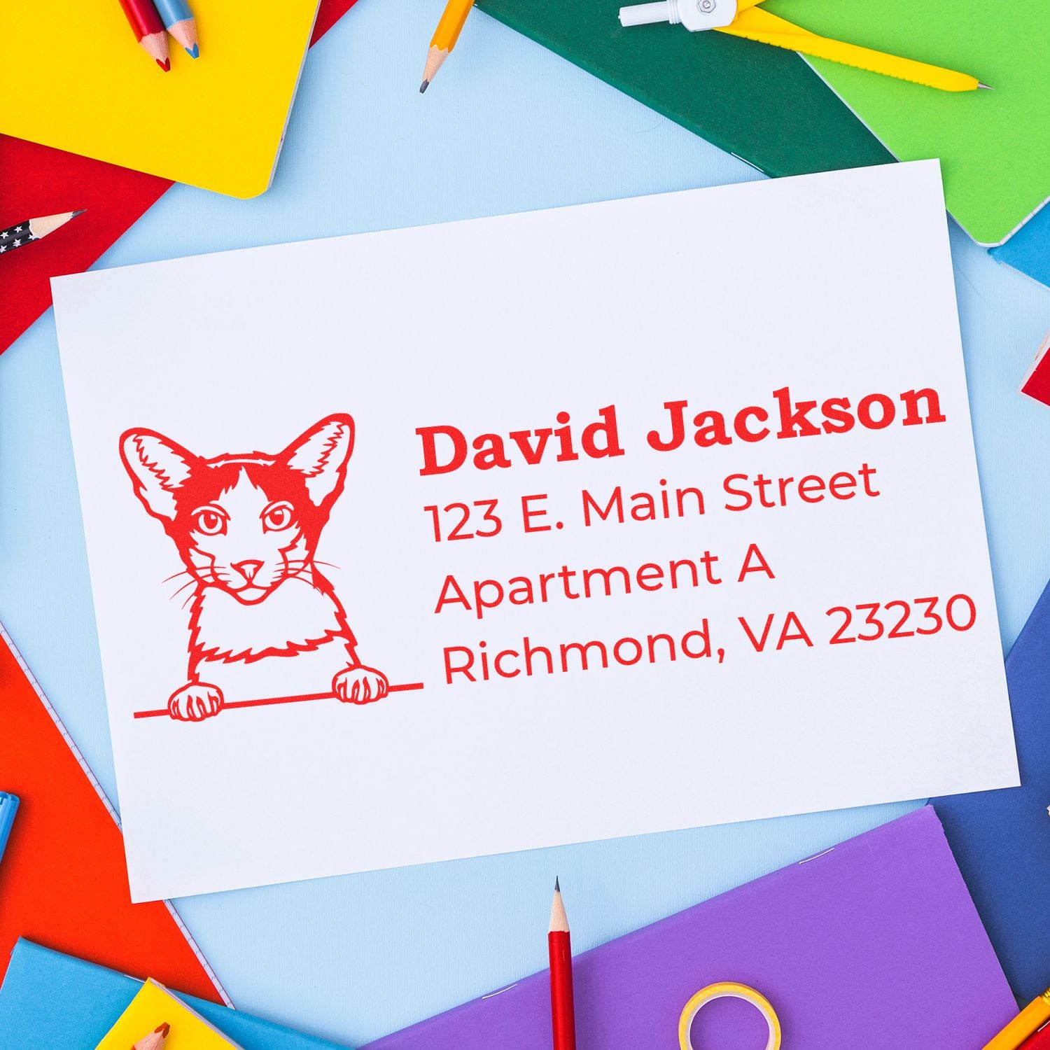 Personalized cat return address rubber stamp on envelope, perfect for custom mailing and stationery.