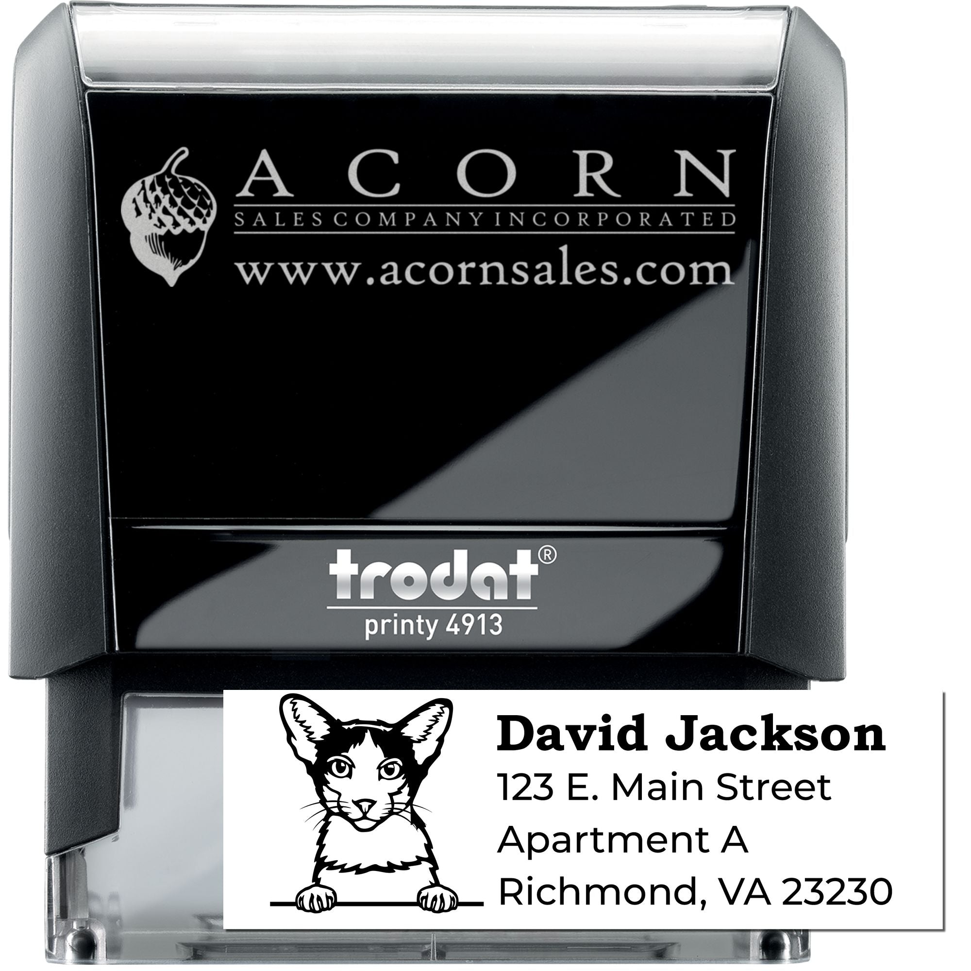 Custom self-inking rubber stamps with logo and address imprint for business branding and mailing.