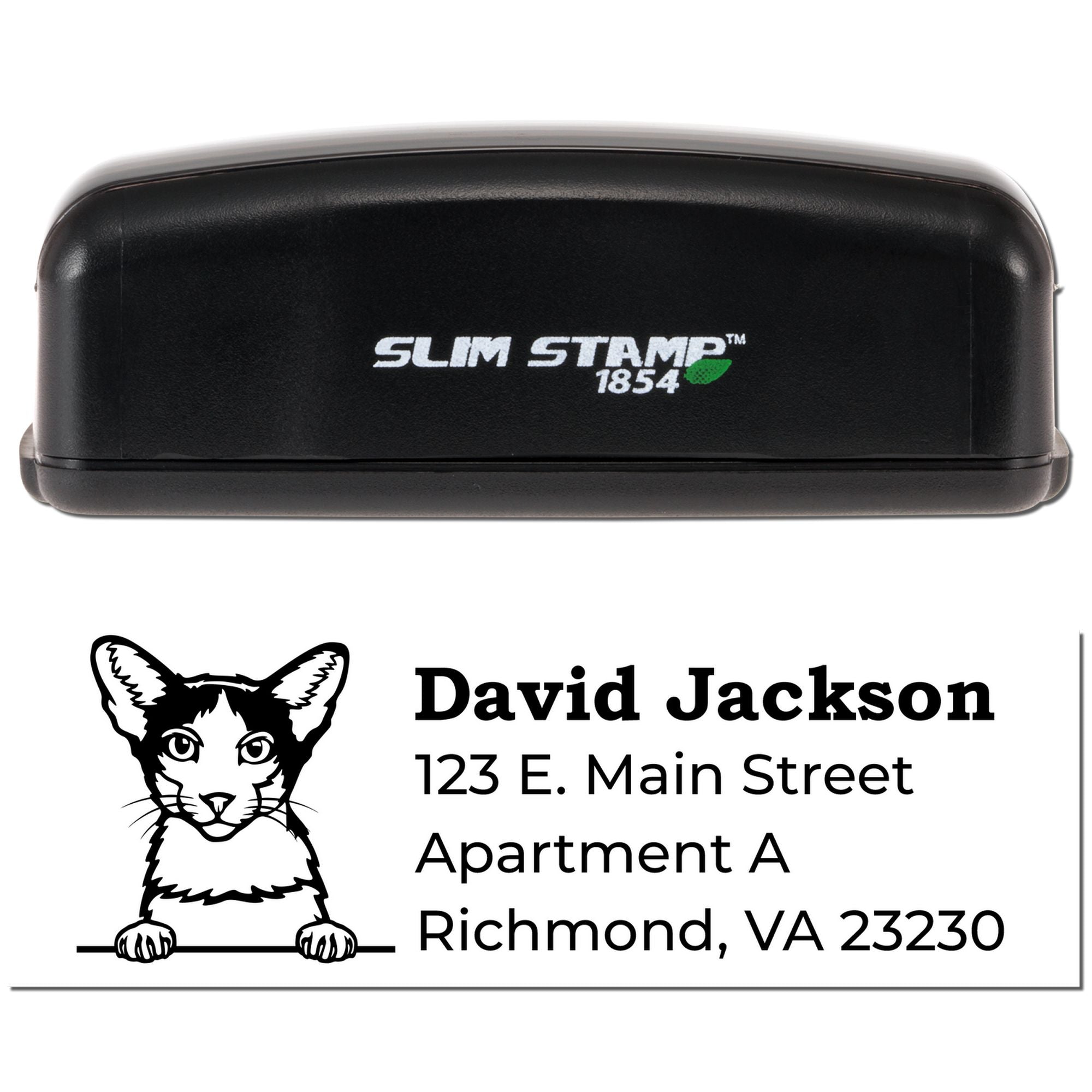 Slim Stamp 1854 custom rubber return address stamp with cat design for David Jackson, Richmond VA apartment address