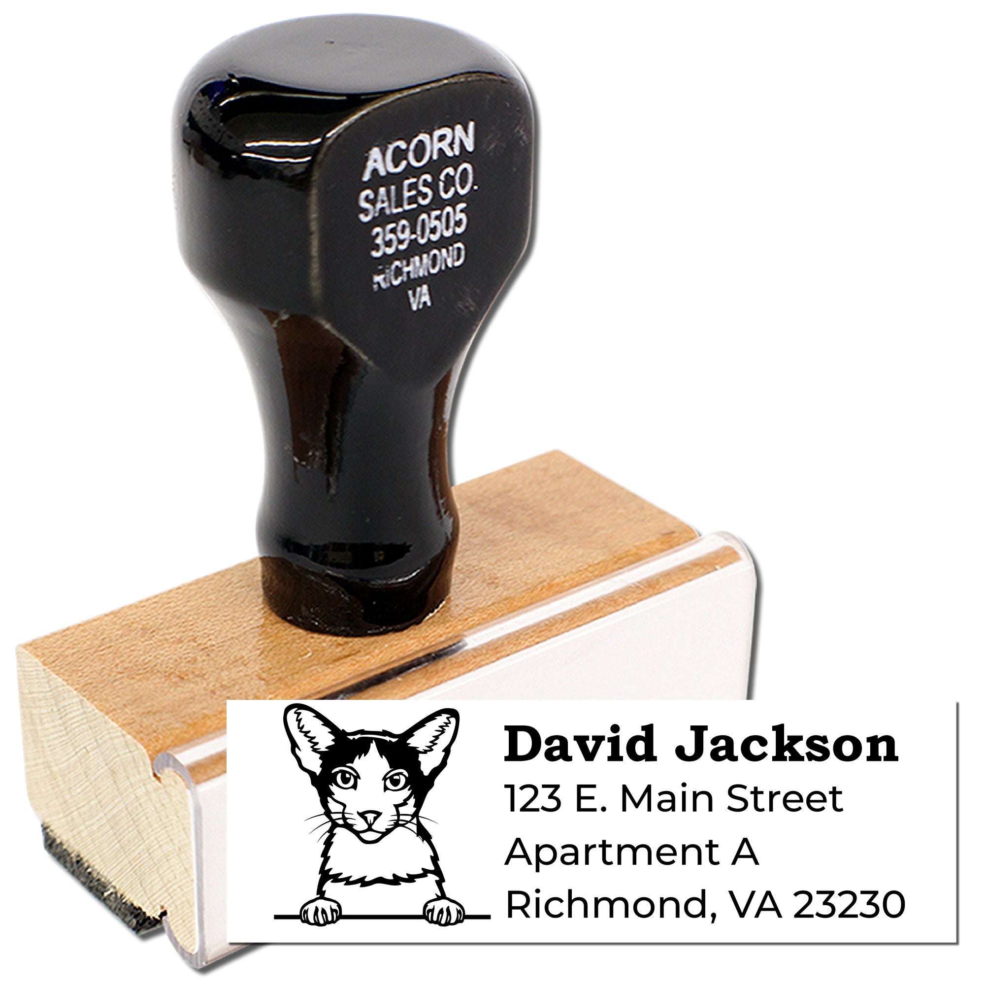 Custom rubber address stamp with cat logo, featuring personalized name and Richmond, VA mailing address.
