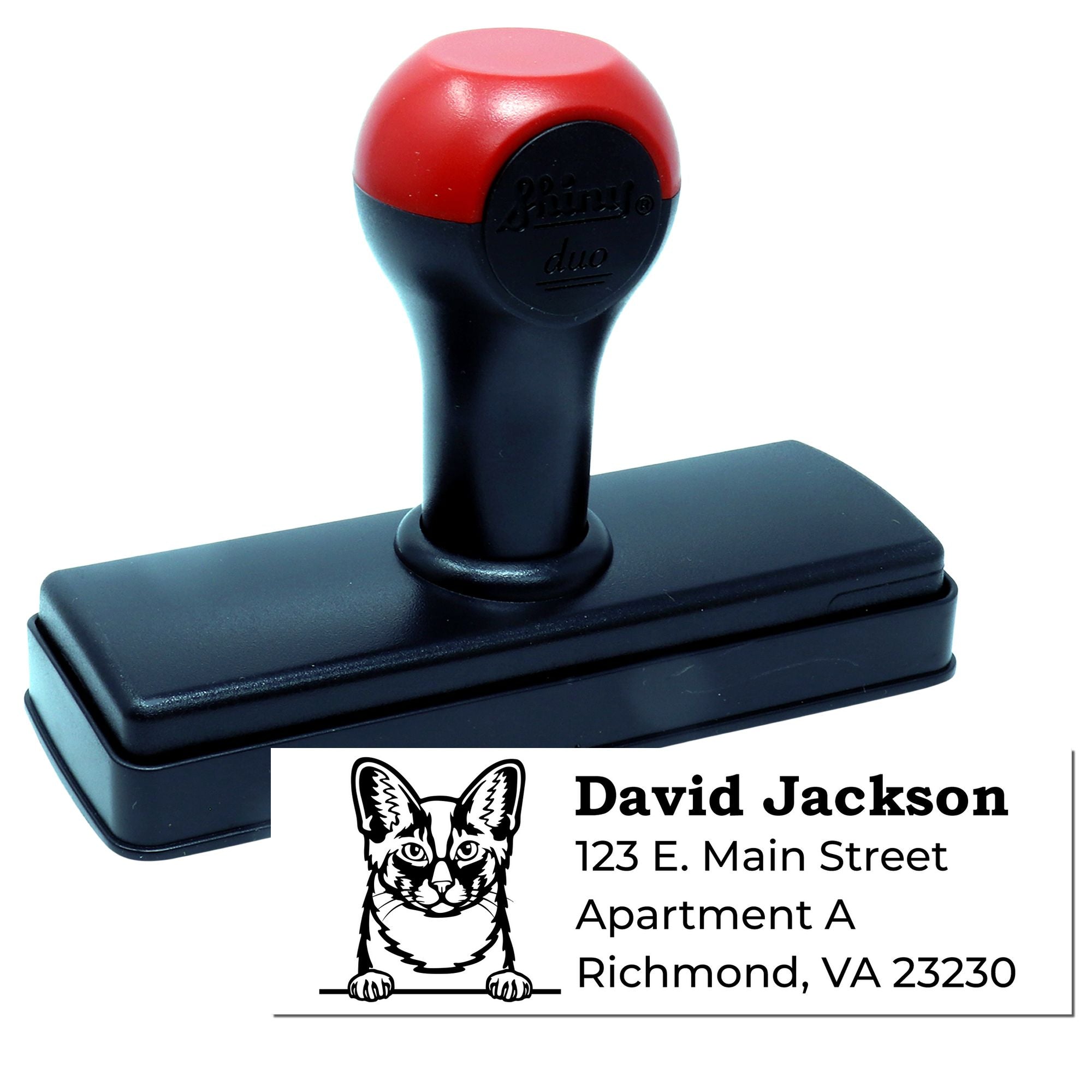 Custom self-inking address rubber stamp with cat logo, personalized return address imprint for home mailing.