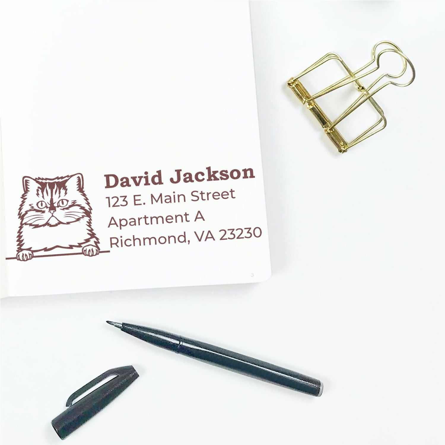 Custom cat return address rubber stamp imprint with name and mailing address, shown on stationery with pen and binder clip.