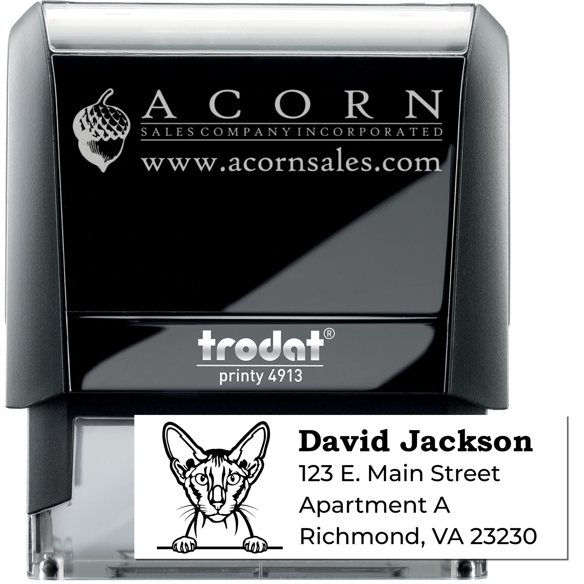 Custom self-inking rubber stamp with logo and address examples, Trodat Printy 4913 for business branding and mailings.