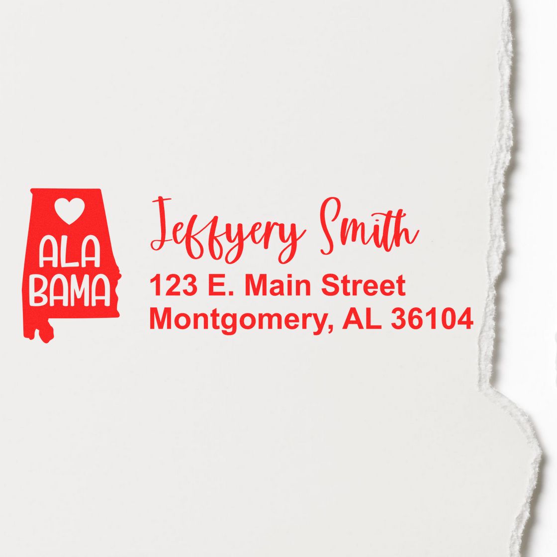 Custom rubber stamp for Jeffery Smith with Alabama state logo and address, 123 E. Main Street, Montgomery, AL 36104