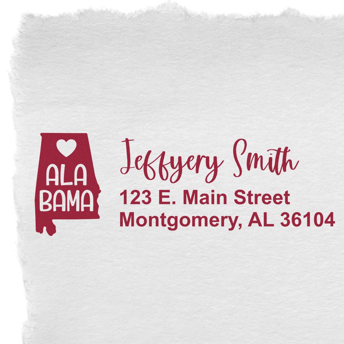 Custom return address rubber stamp with Alabama design for Jeffery Smith, 123 E. Main Street, Montgomery, AL 36104.