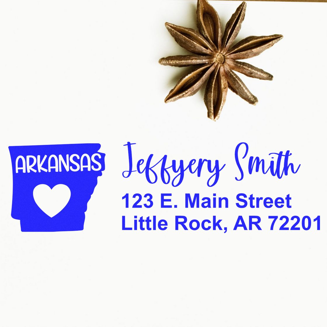 Custom Arkansas rubber stamp for return address with heart state design, Jeffrey Smith, and Little Rock, AR address.