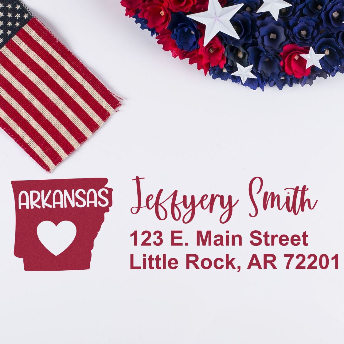 Custom Arkansas return address stamp with name and Little Rock, AR address for personalized mail, envelopes, and crafts.