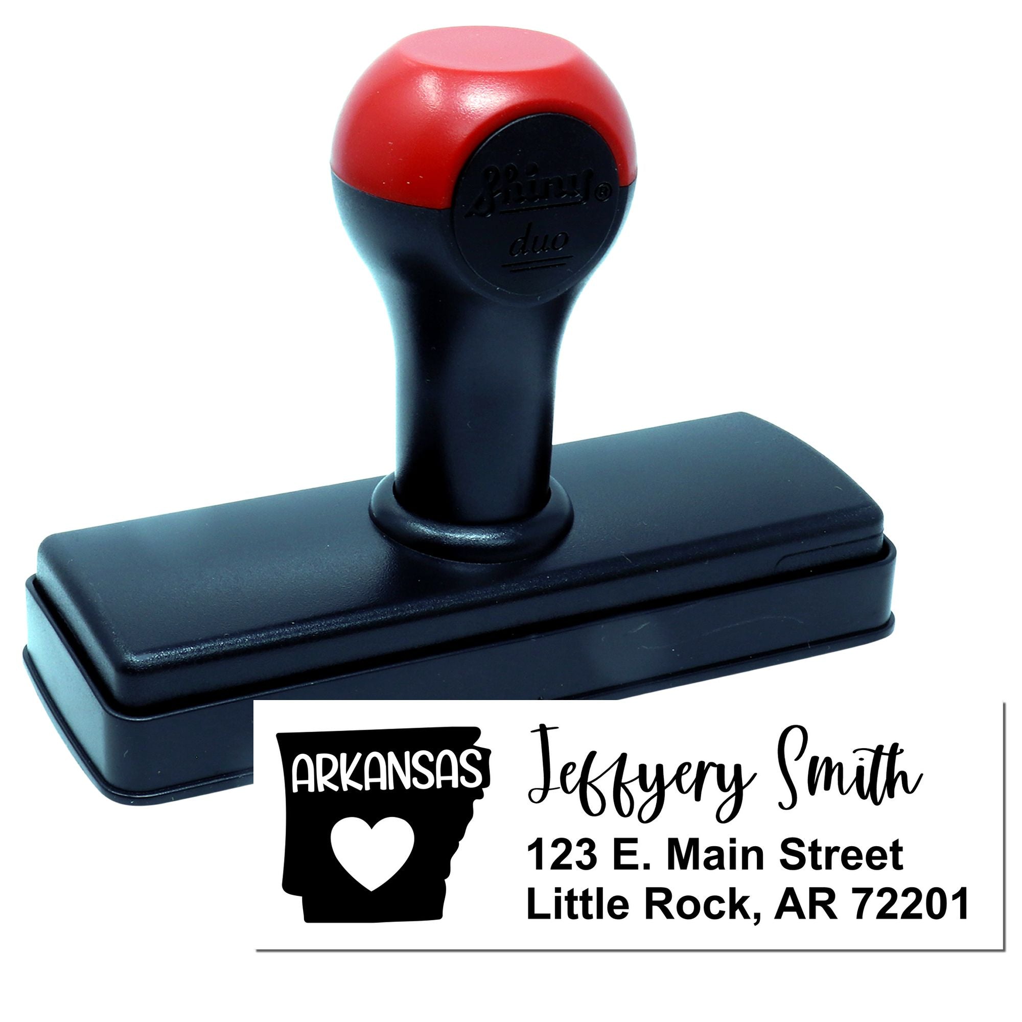 Custom self-inking rubber stamp with Arkansas return address design, personalized name, and address imprint.