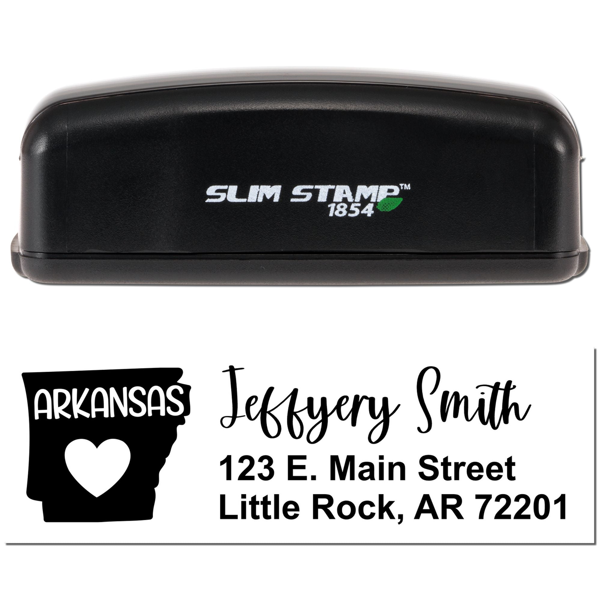 Slim Stamp 1854 custom Arkansas address rubber stamp with heart design for Jeffrey Smith, Little Rock, AR 72201.
