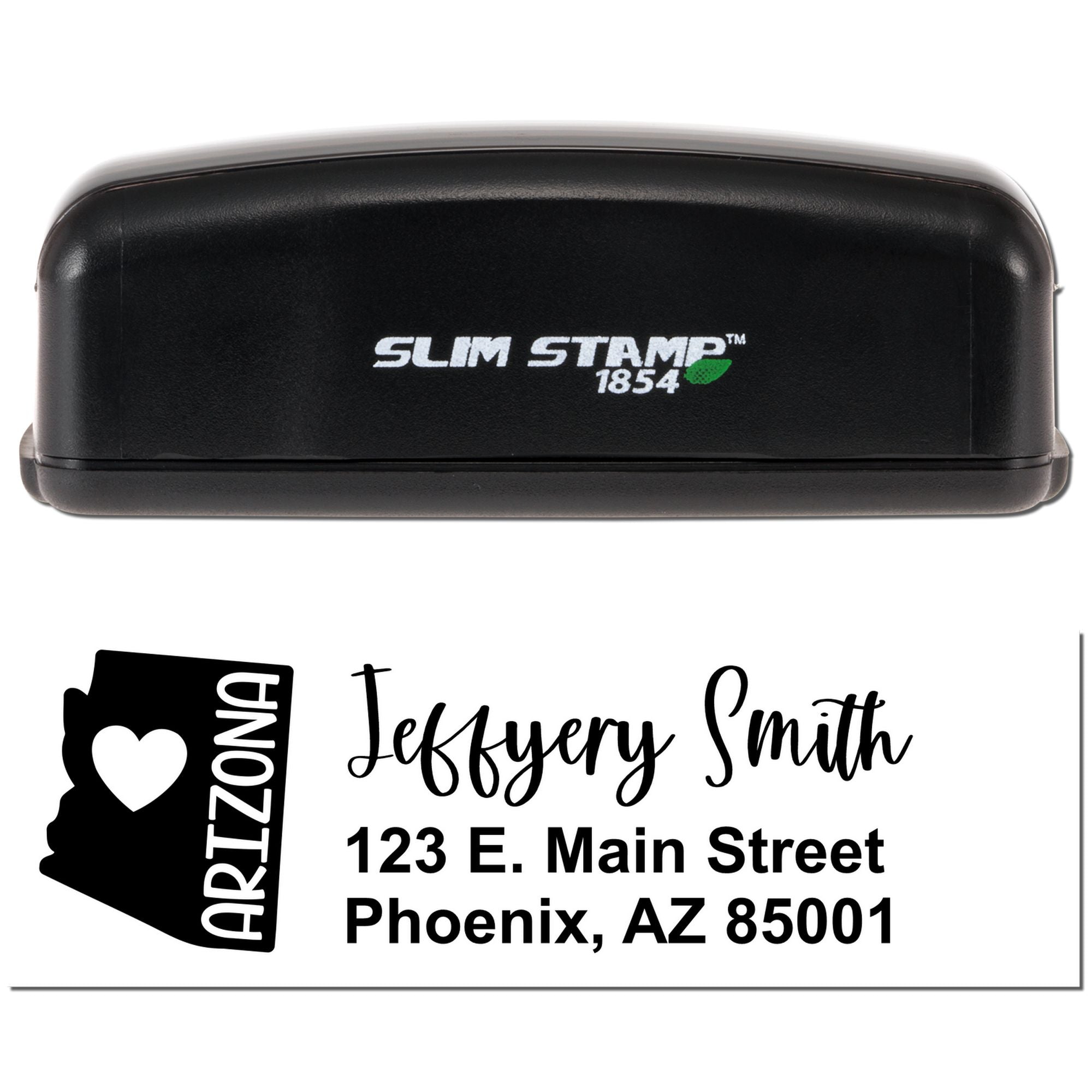Custom Arizona address rubber stamp with name and mailing address, shown with Slim Stamp 1854 case.