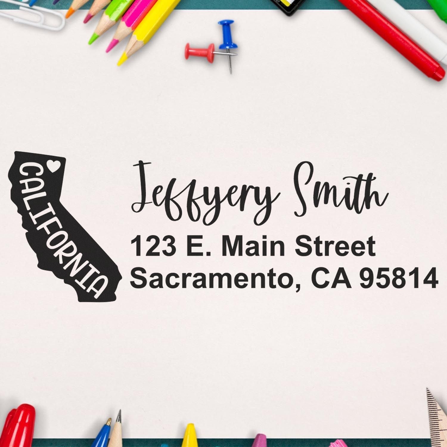 Custom California return address rubber stamp with Jeffrey Smith, Sacramento, CA address and state outline.