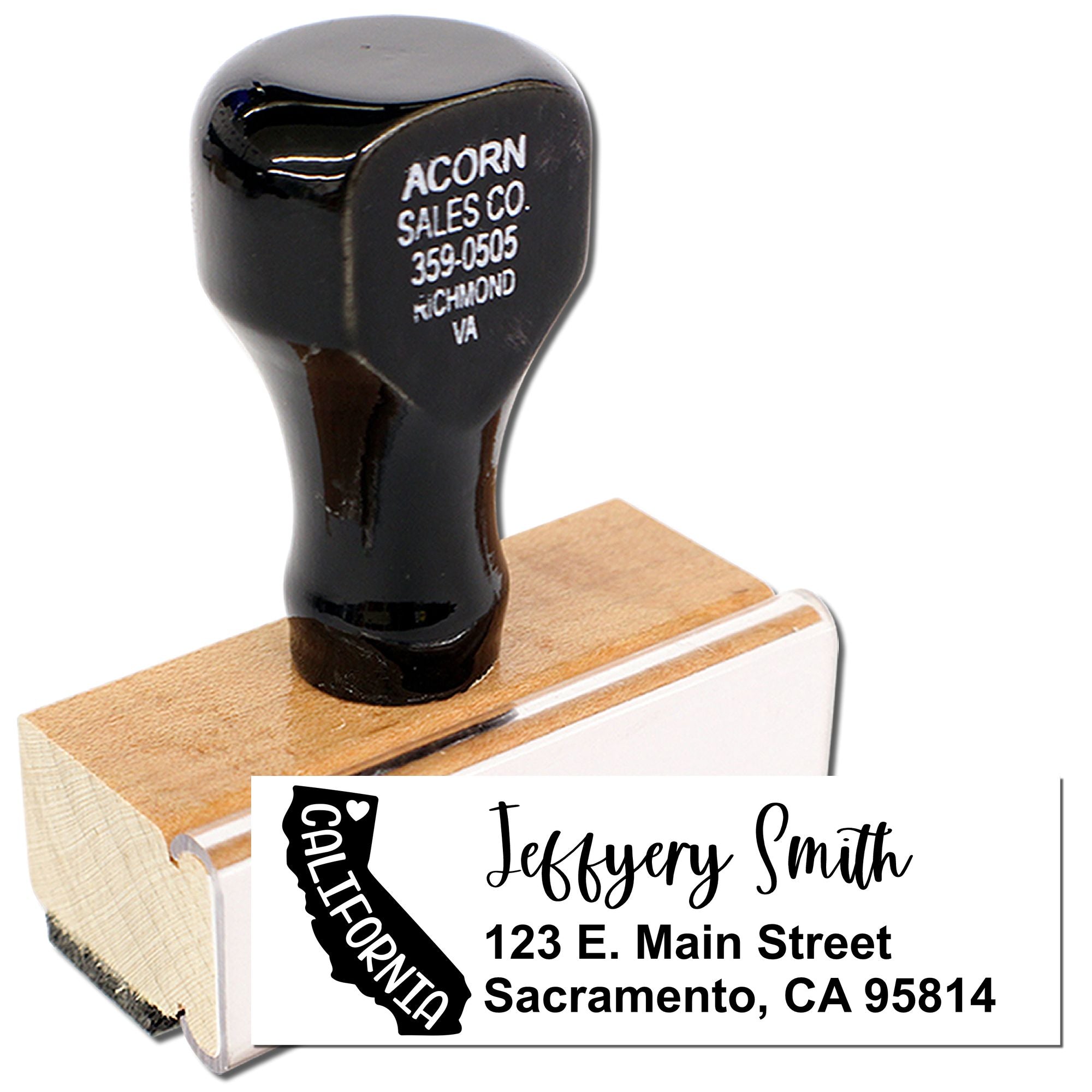 Custom California address rubber stamp with personalized name and return address for mailing labels.