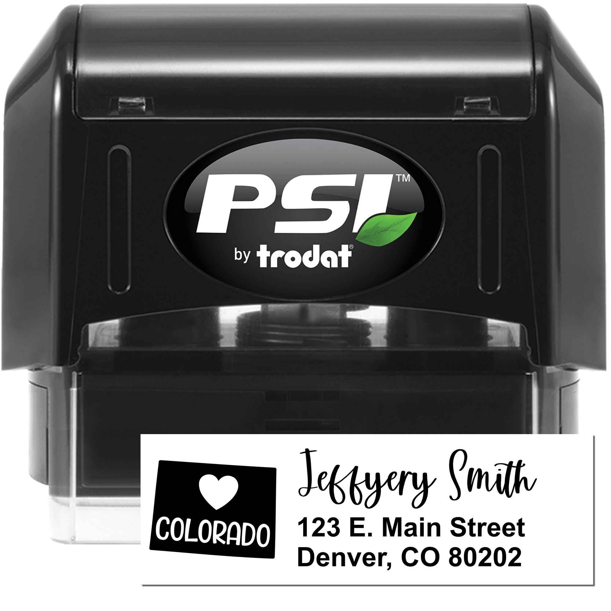 PSI by Trodat custom rubber return address stamp with Colorado design and personalized name and mailing address imprint