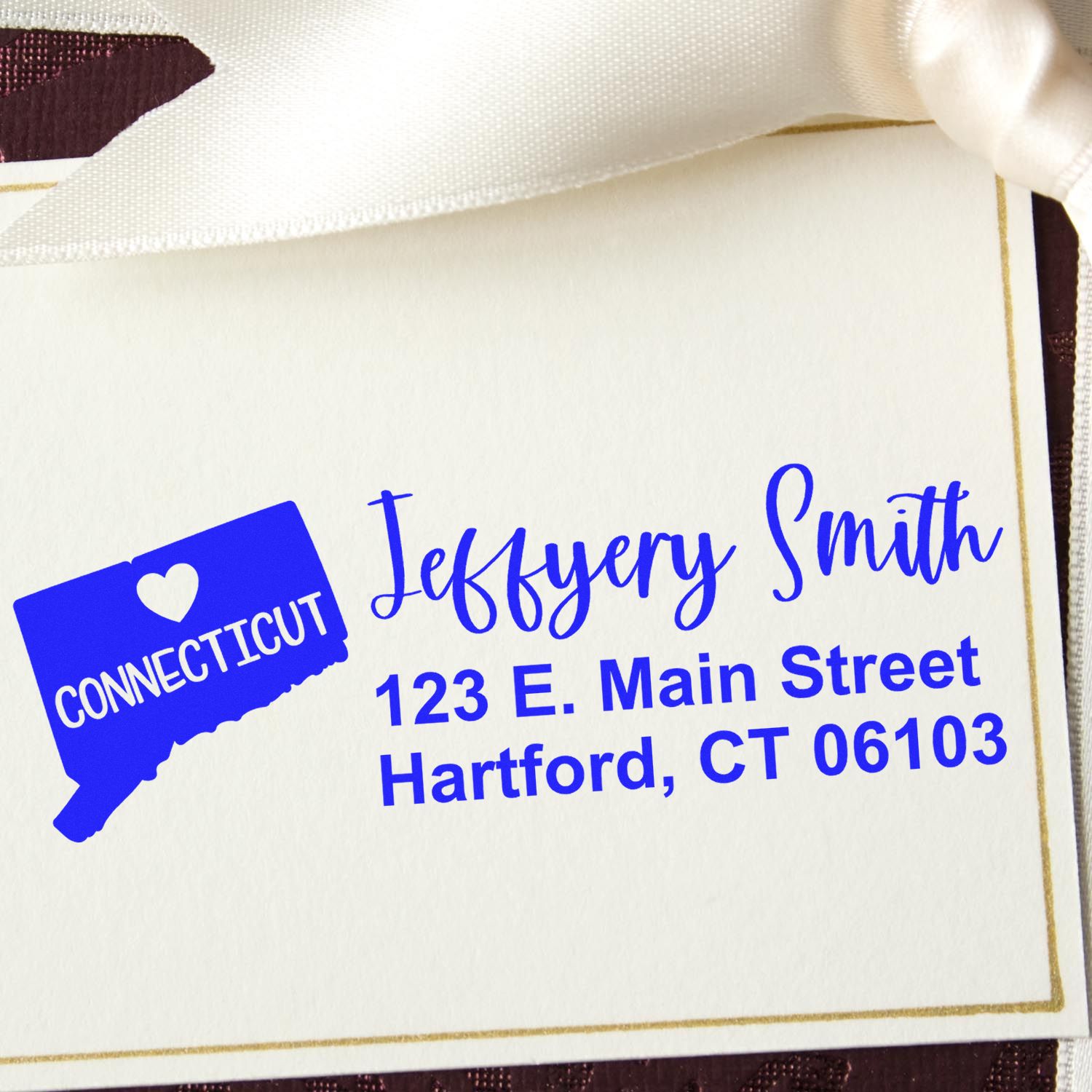 Custom Connecticut return address rubber stamp with name Jeffery Smith and Hartford, CT mailing address