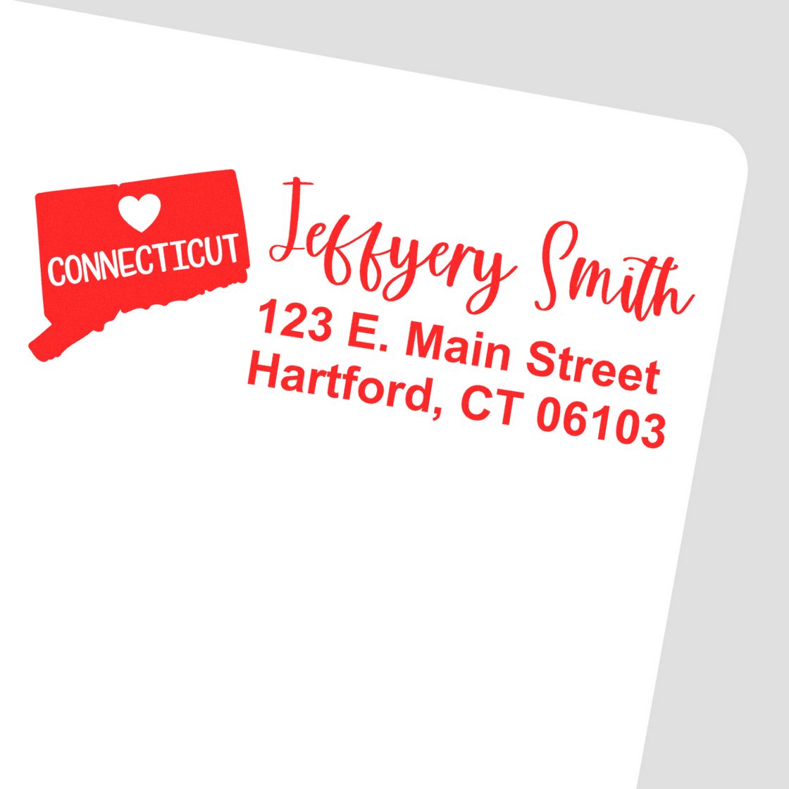 Custom Connecticut return address rubber stamp with heart icon, featuring Jeffrey Smith and Hartford, CT 06103.