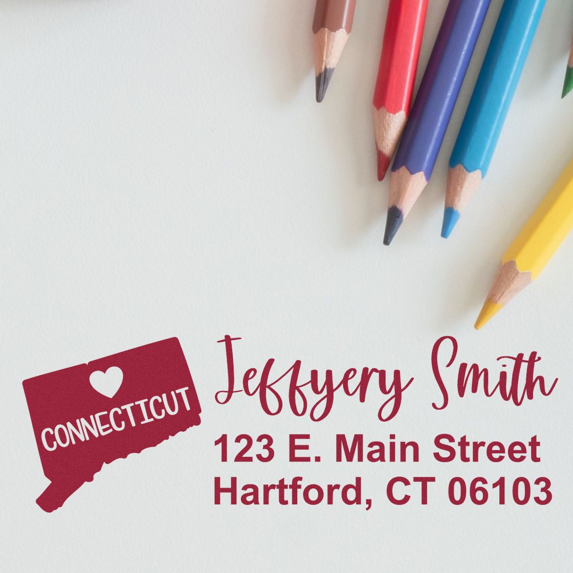 Custom Connecticut return address rubber stamp with name and Hartford, CT address for envelopes, mail, and stationery.