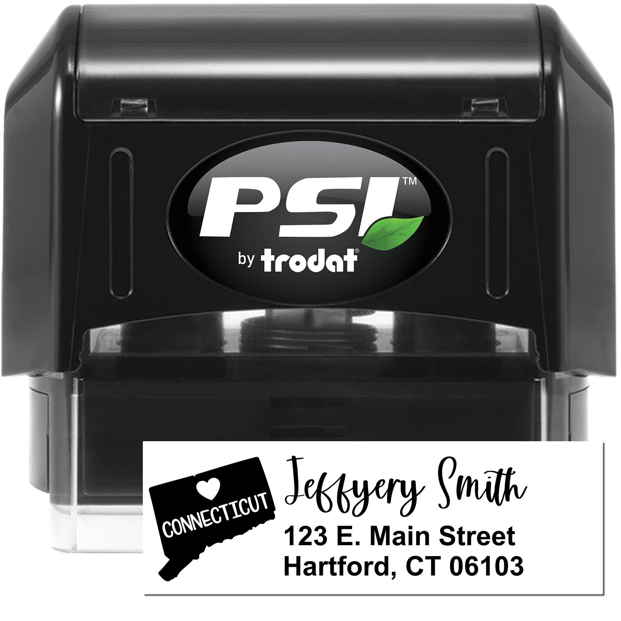 PSI by Trodat self-inking rubber stamp for a custom Connecticut return address with name and address imprint.