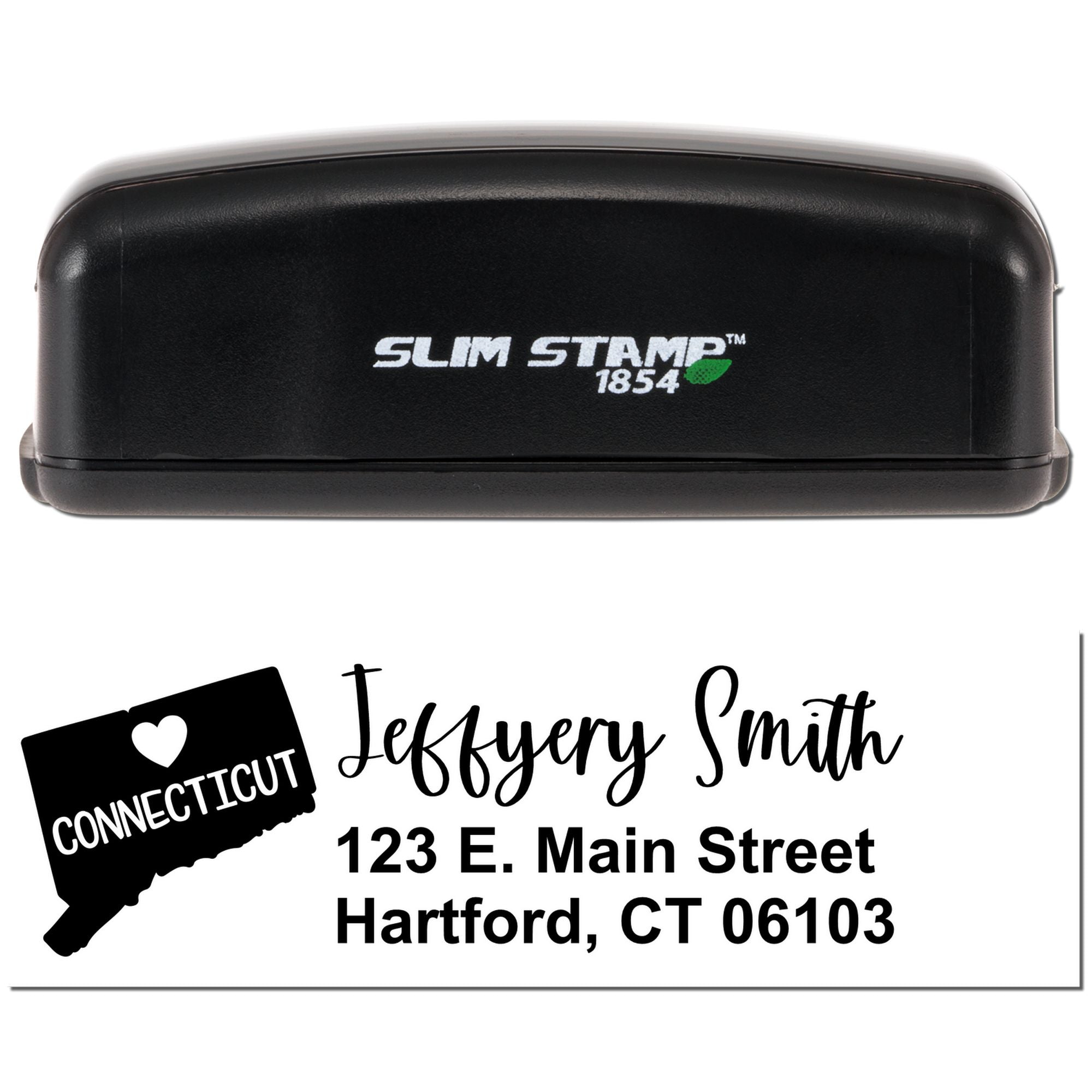 Custom Connecticut return address rubber stamp with Slim Stamp 1854 case and Hartford, CT sample imprint.
