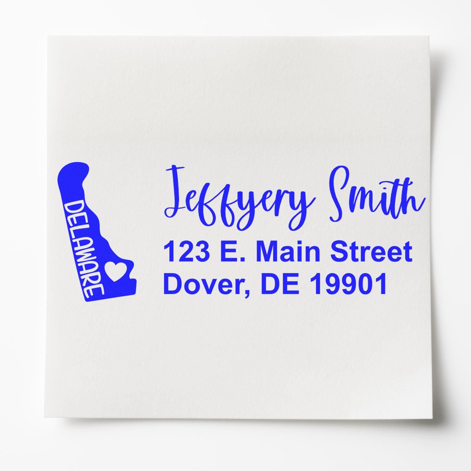 Custom Delaware return address rubber stamp with Jeffyery Smith, 123 E. Main Street, Dover, DE 19901.