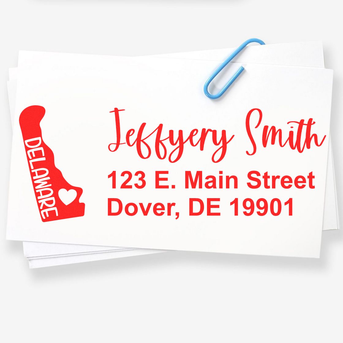 Personalized return address rubber stamp for Jeffrey Smith, Dover, DE 19901, with Delaware state icon.