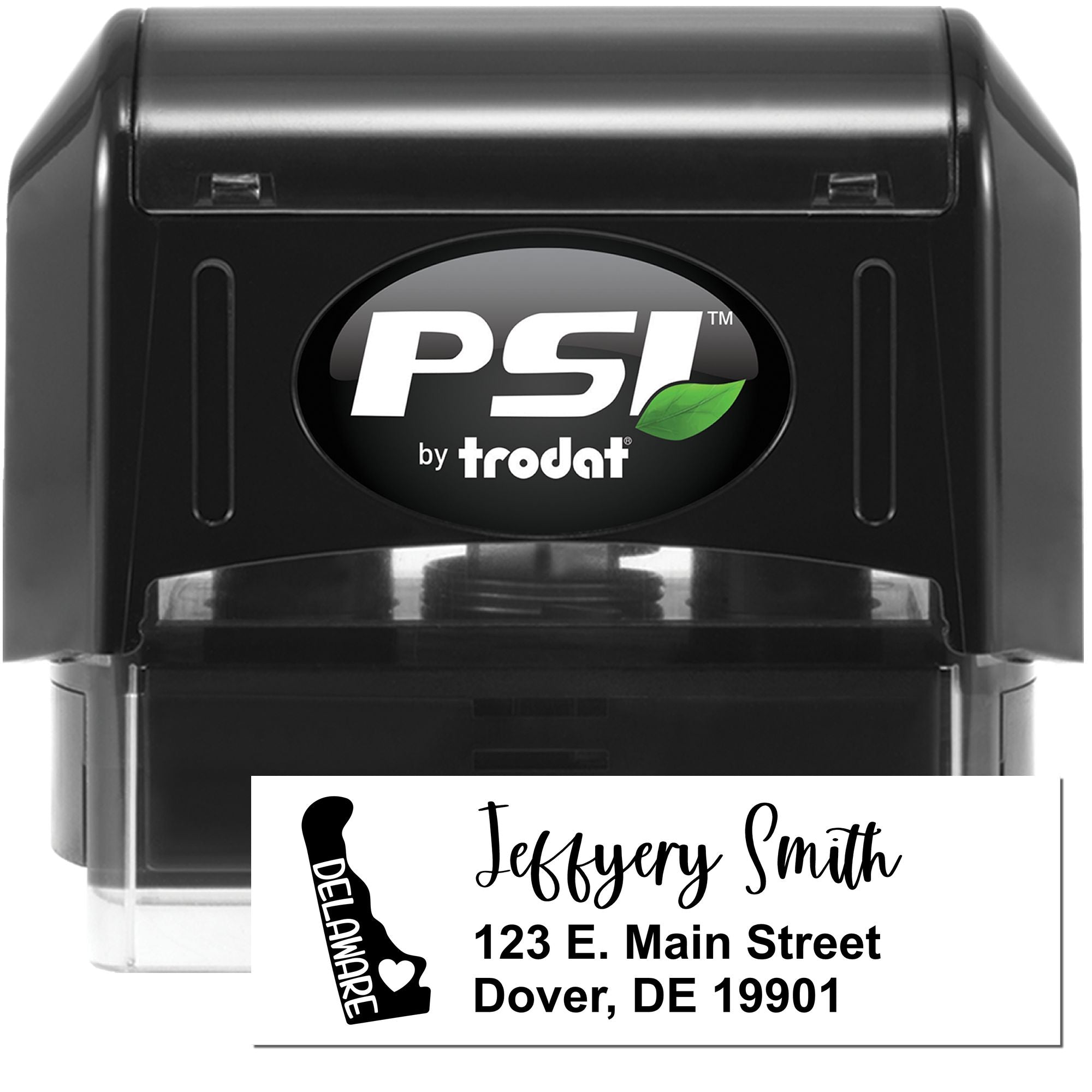 Custom PSI by Trodat self-inking rubber address stamp with Delaware design for Jeffery Smith, Dover, DE 19901.