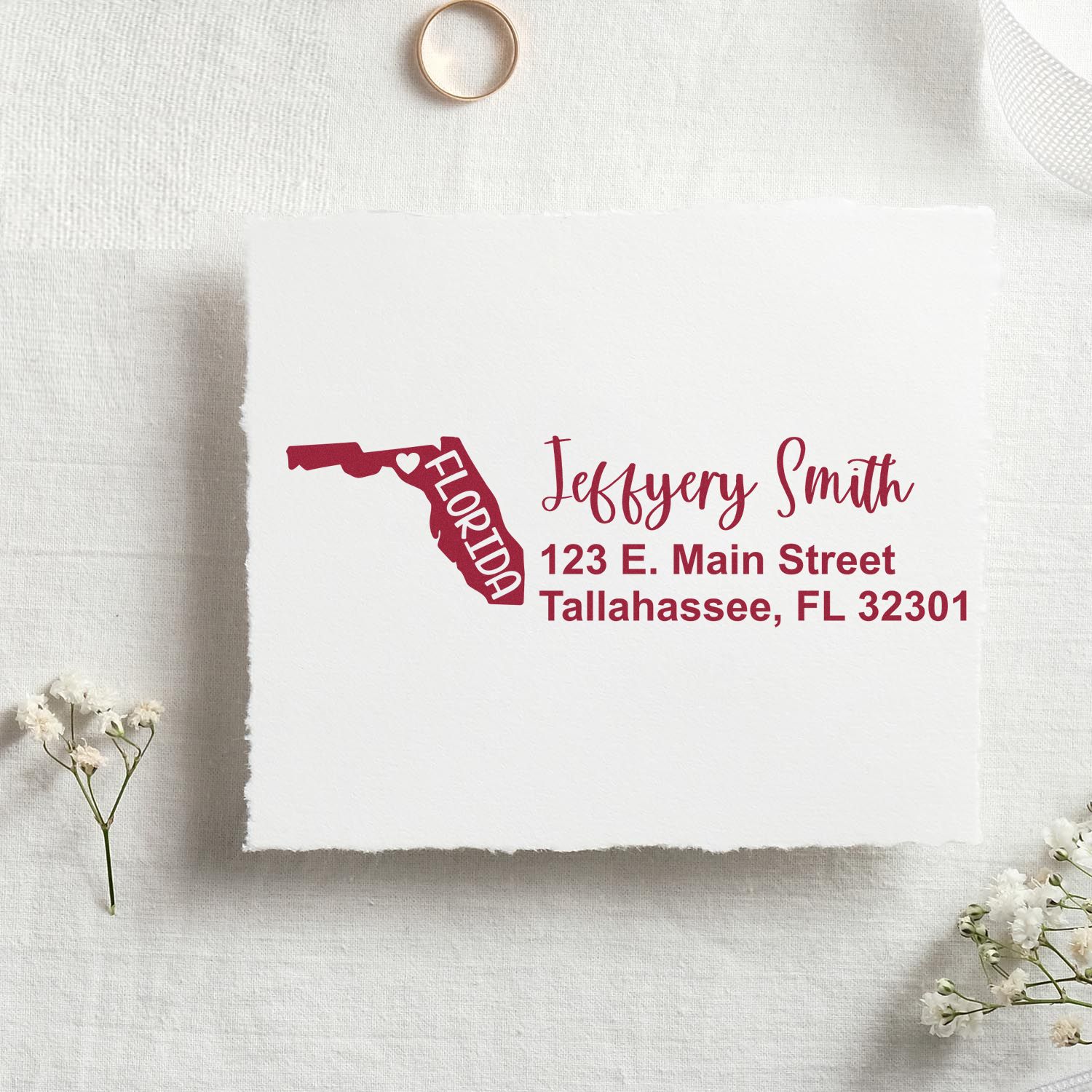 Personalized Florida return address rubber stamp for envelopes, featuring name, state silhouette, and Tallahassee mailing address.