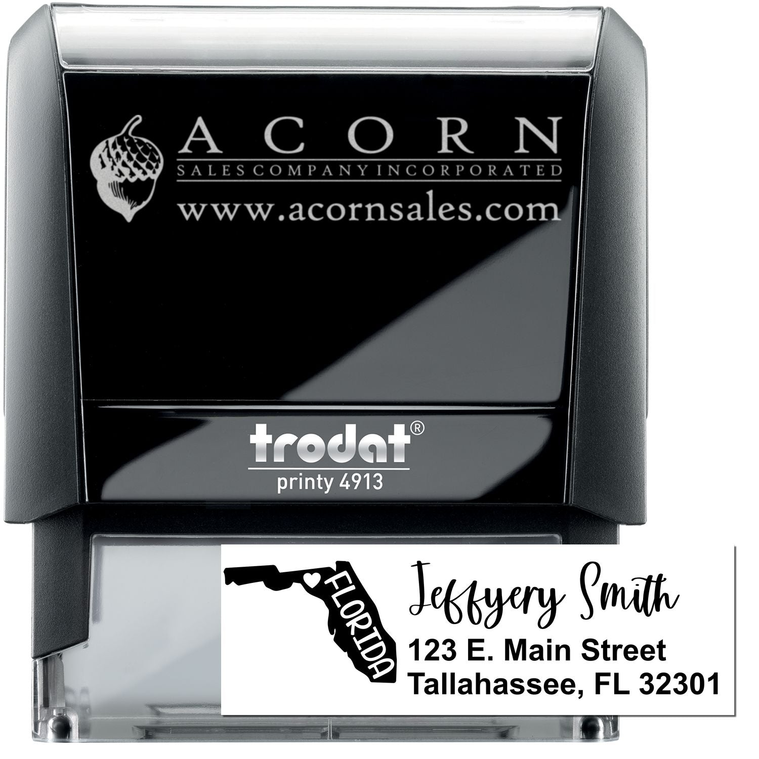 Trodat Printy 4913 custom self-inking rubber stamp with logo, website, and Florida return address for business branding.