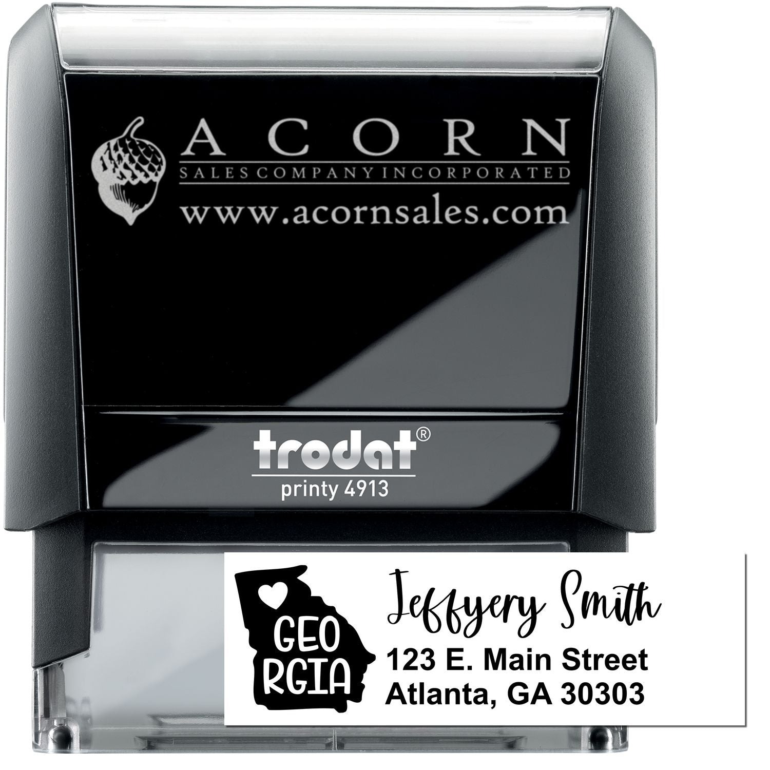 Custom self-inking rubber stamp showing logo and address imprint samples for business branding and mailing.