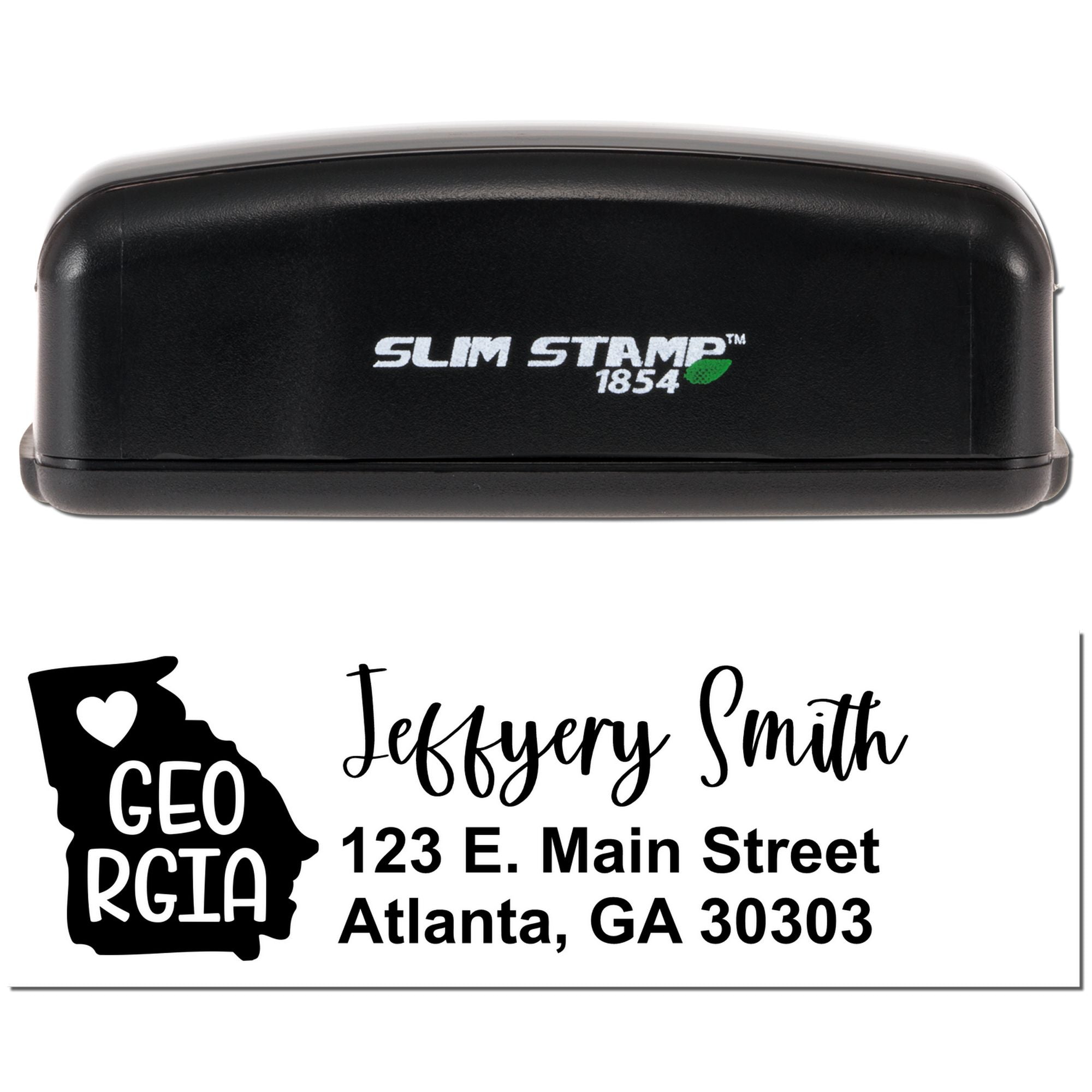 Custom self-inking address rubber stamp with Georgia logo, Jeffrey Smith, 123 E. Main Street, Atlanta, GA 30303.