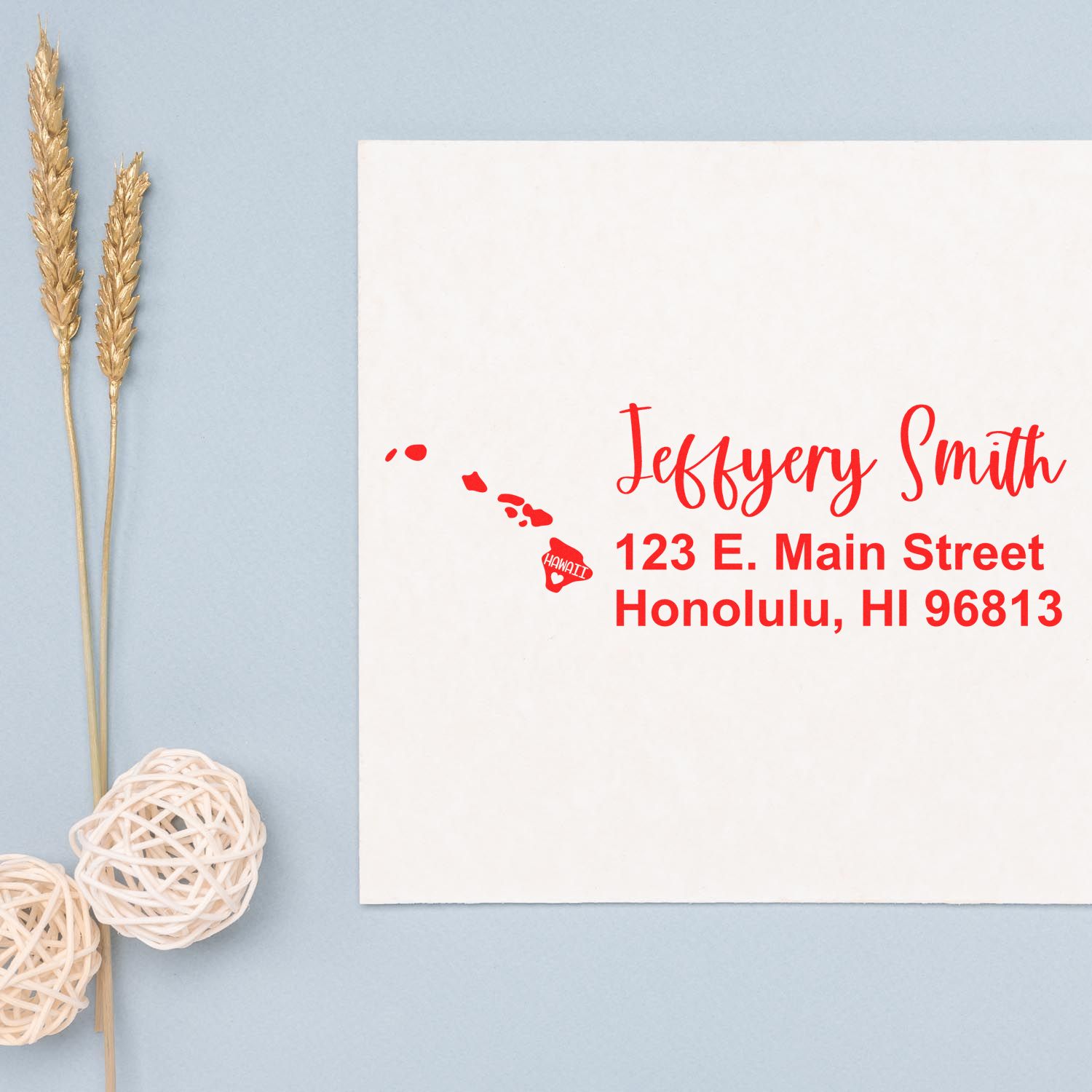 Personalized return address rubber stamp with Hawaii map and Honolulu address for mailing envelopes.