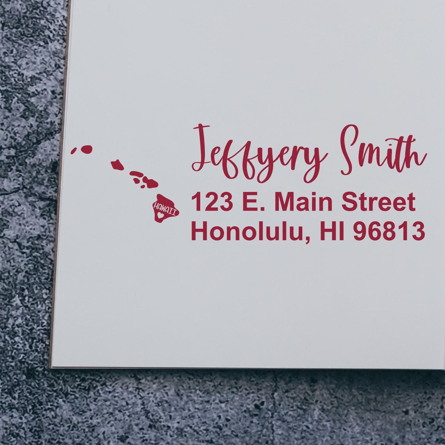 Custom return address rubber stamp with Hawaii map for Jeffrey Smith, Honolulu, HI 96813