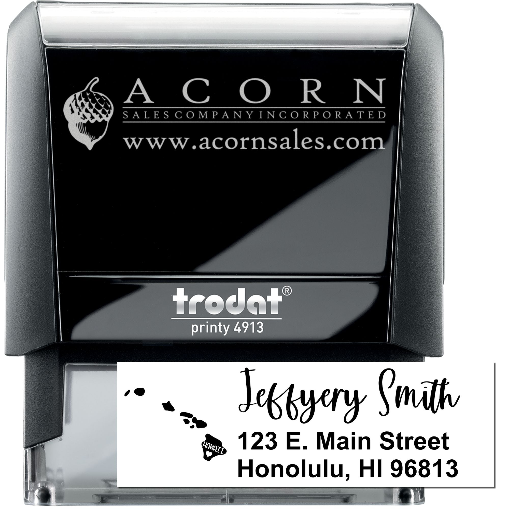 Custom self-inking rubber stamp with logo and address imprint, Trodat Printy 4913 for business branding and mail.