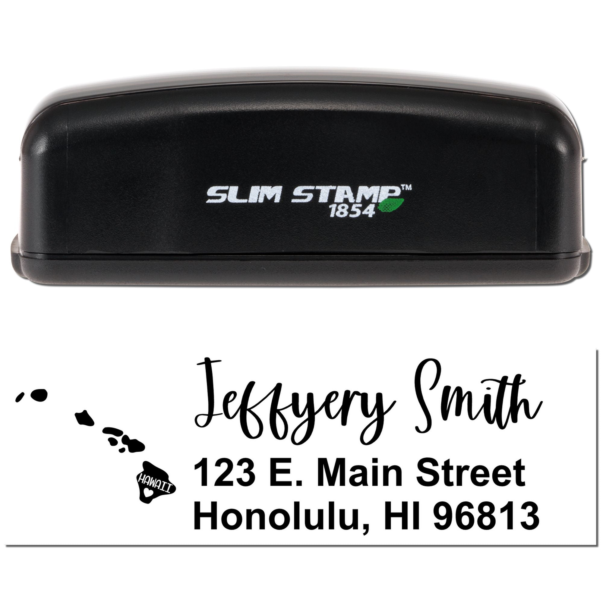 Personalized slim self-inking rubber stamp with return address for Jeffrey Smith, Honolulu, HI 96813.