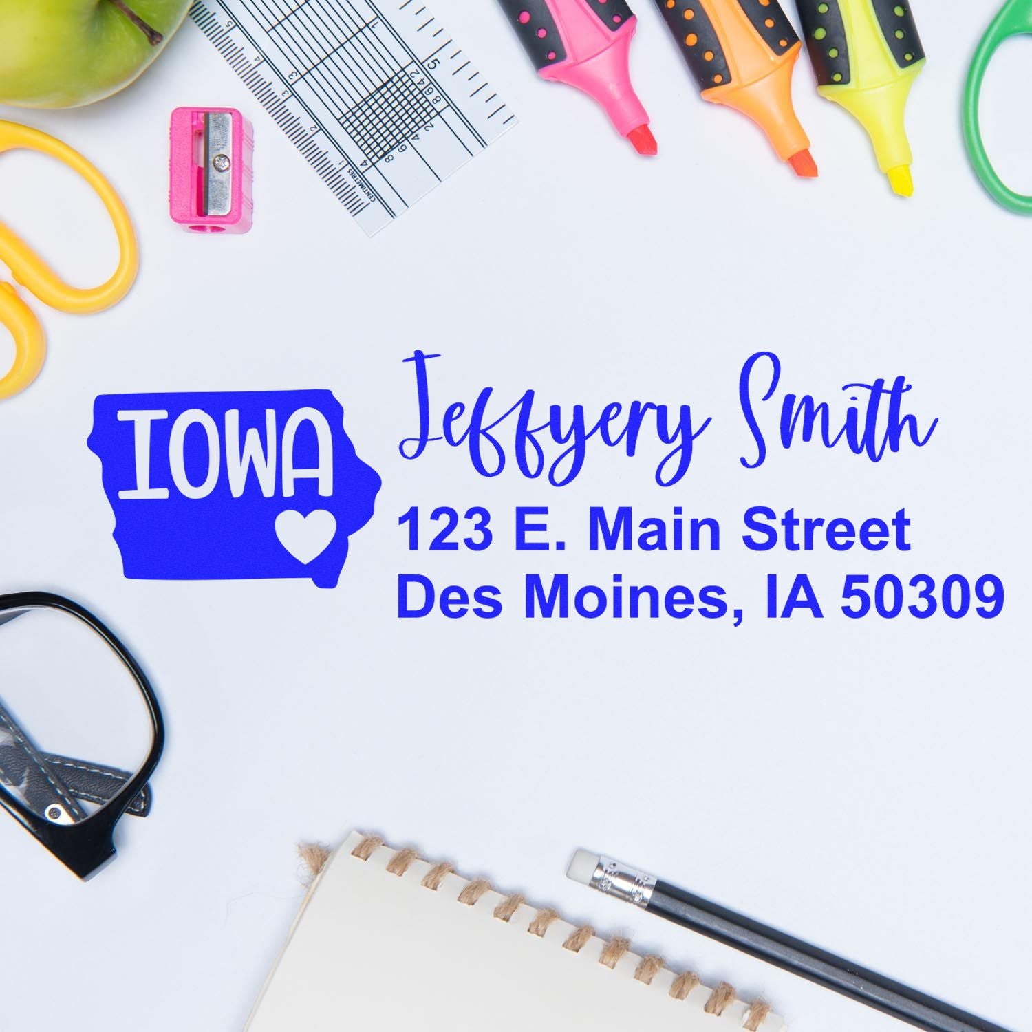 Custom Iowa return address rubber stamp with name, street address, and Des Moines, IA 50309 for mailing stationery.