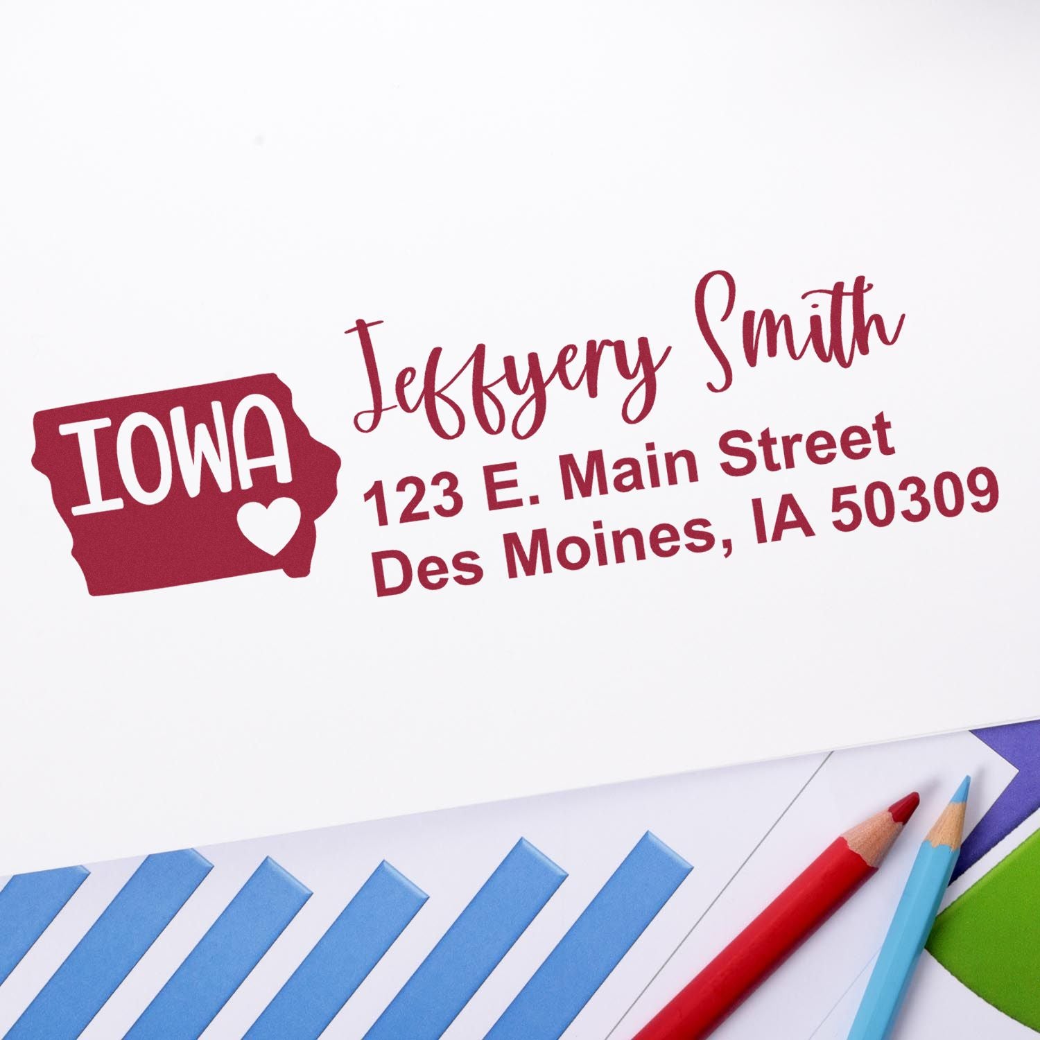 Personalized Iowa return address rubber stamp with name and Des Moines, IA address for envelopes.
