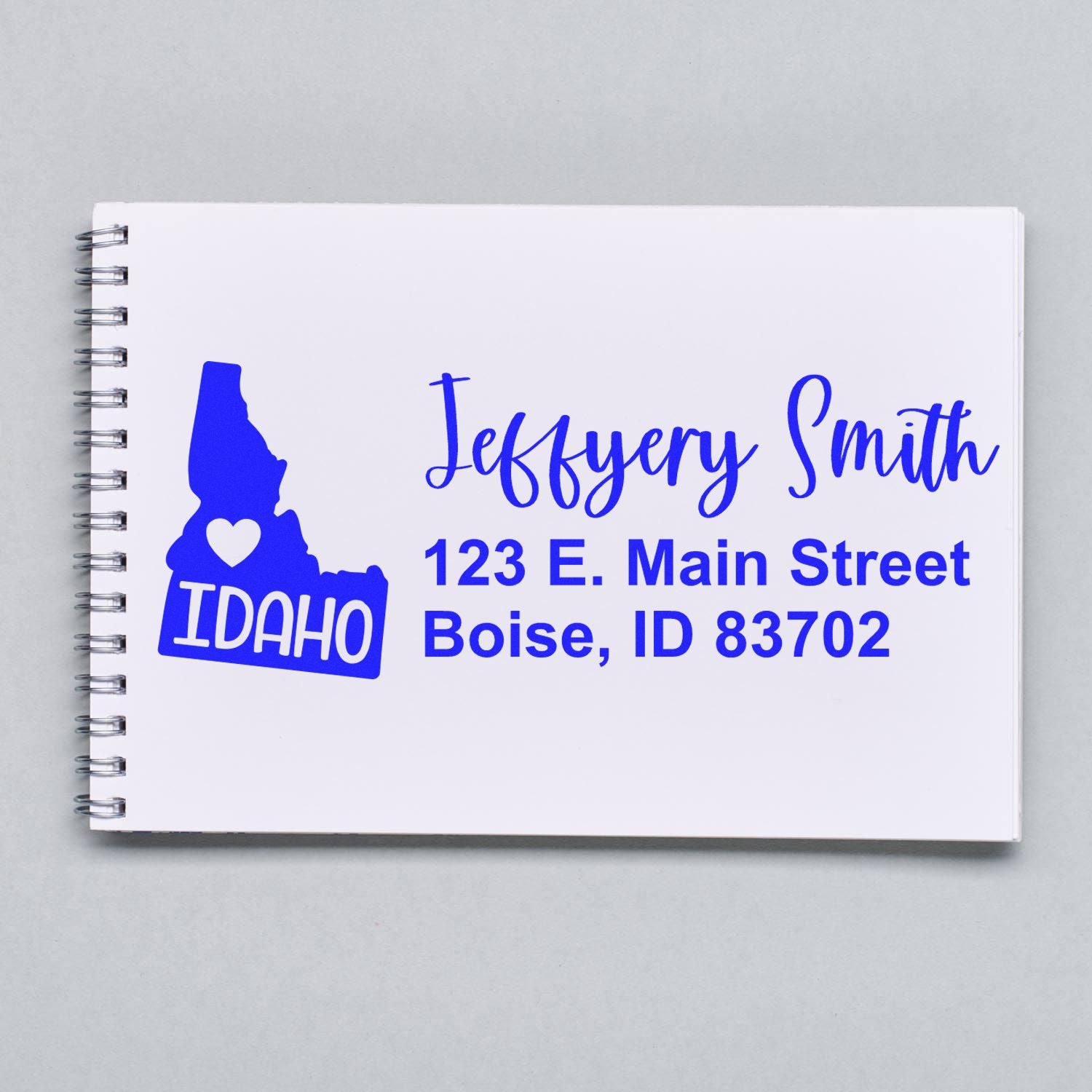 Personalized Idaho return address rubber stamp for Jeffery Smith, Boise, ID 83702.