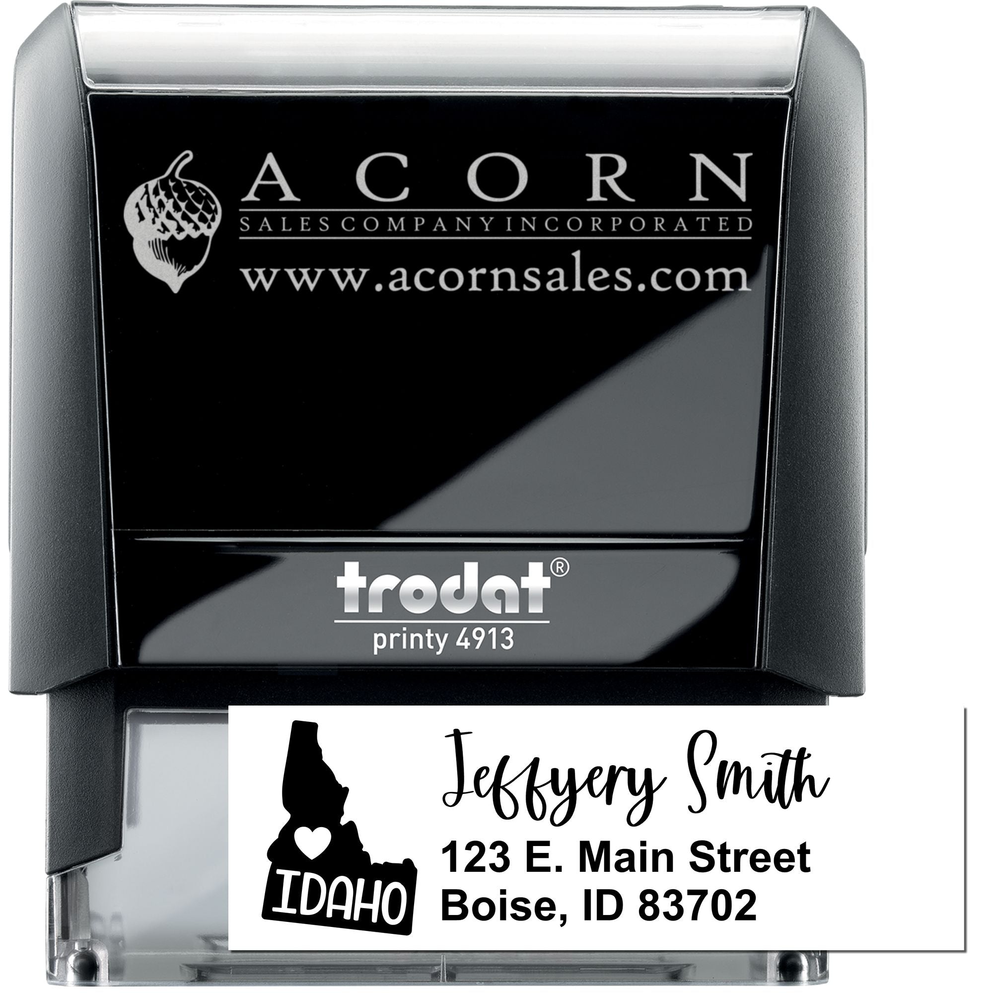 Trodat Printy 4913 self-inking rubber stamp with custom business logo and address imprint for Acorn Sales Company.