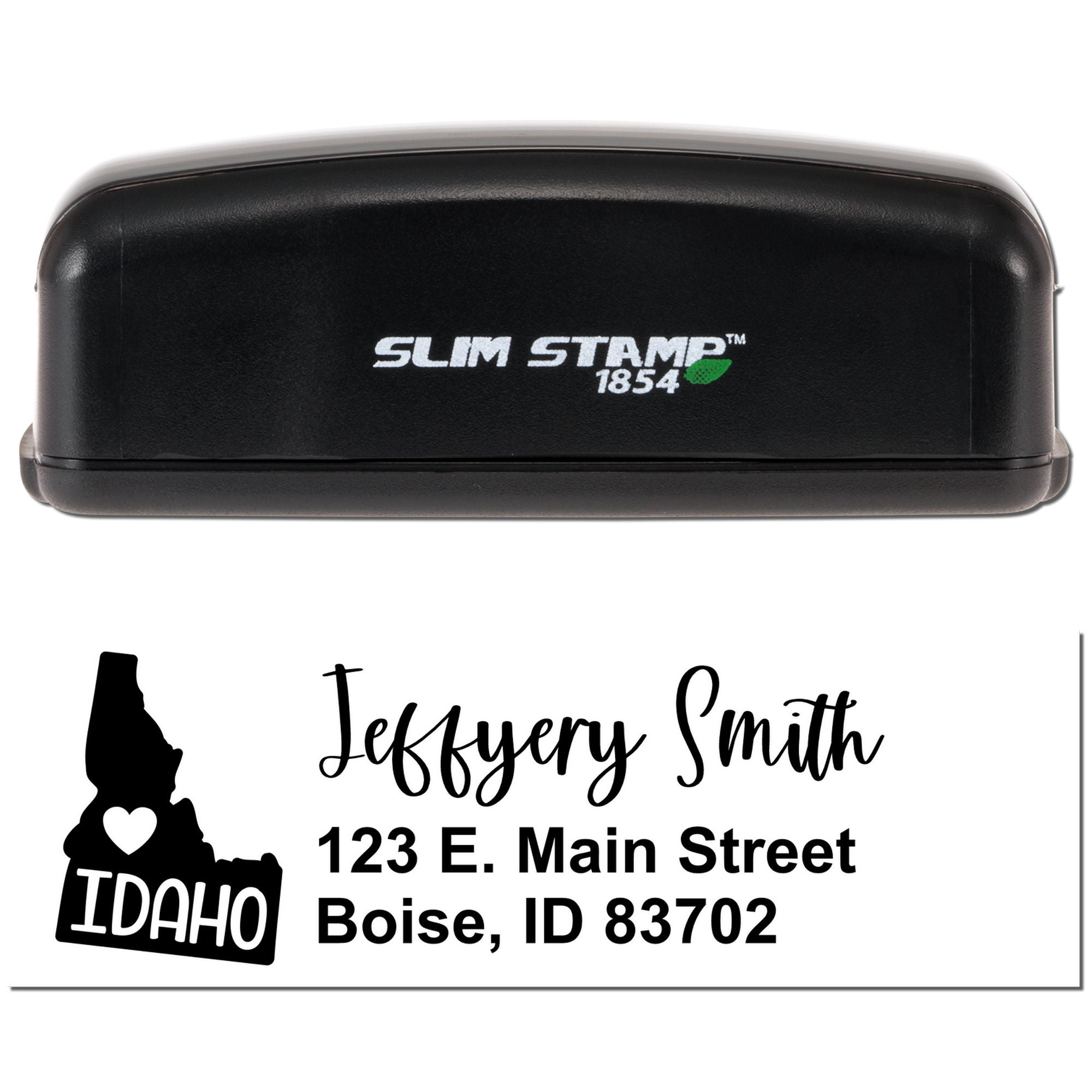 Personalized Idaho address rubber stamp with Slim Stamp 1854 self-inking stamp and Jeffery Smith Boise, ID return address.