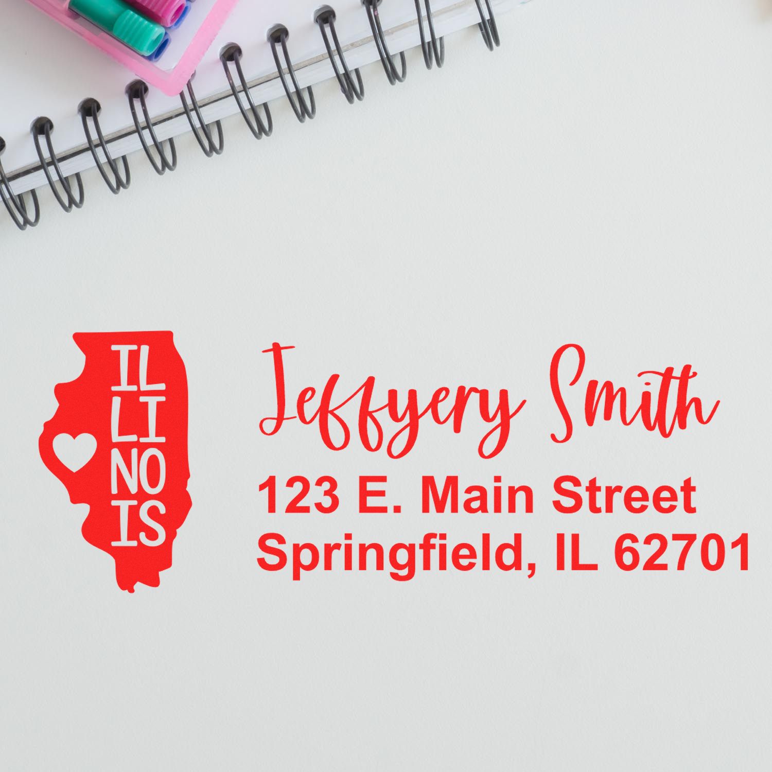 Personalized Illinois address rubber stamp with name and Springfield, IL return address for envelopes, cards, and stationery.