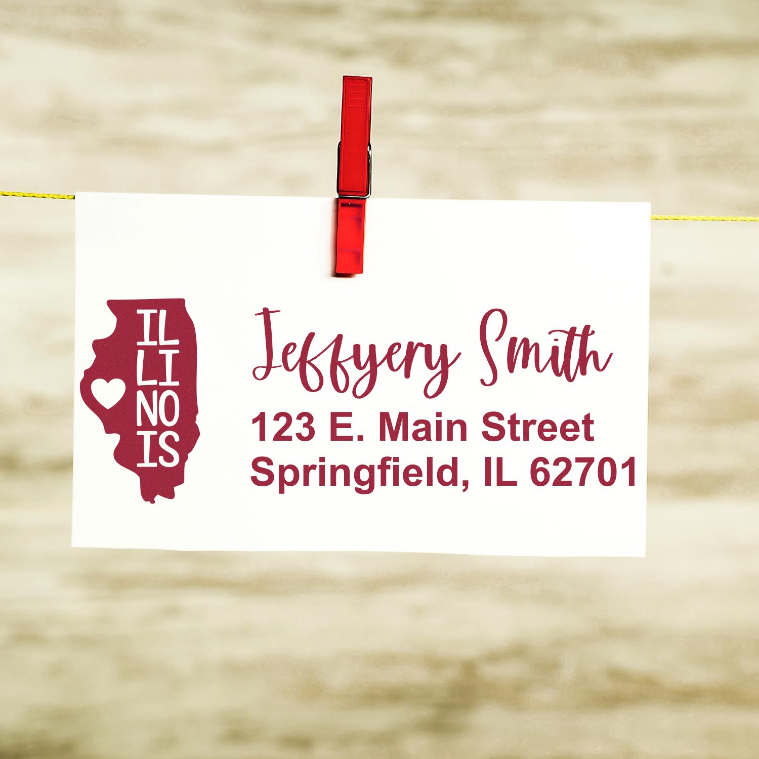 Custom Illinois return address rubber stamp with name and address for weddings, mail, and business stationery.