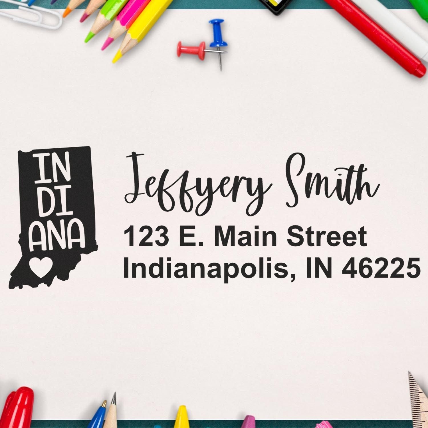 Custom Indiana return address rubber stamp with name and mailing address for envelopes and stationery.