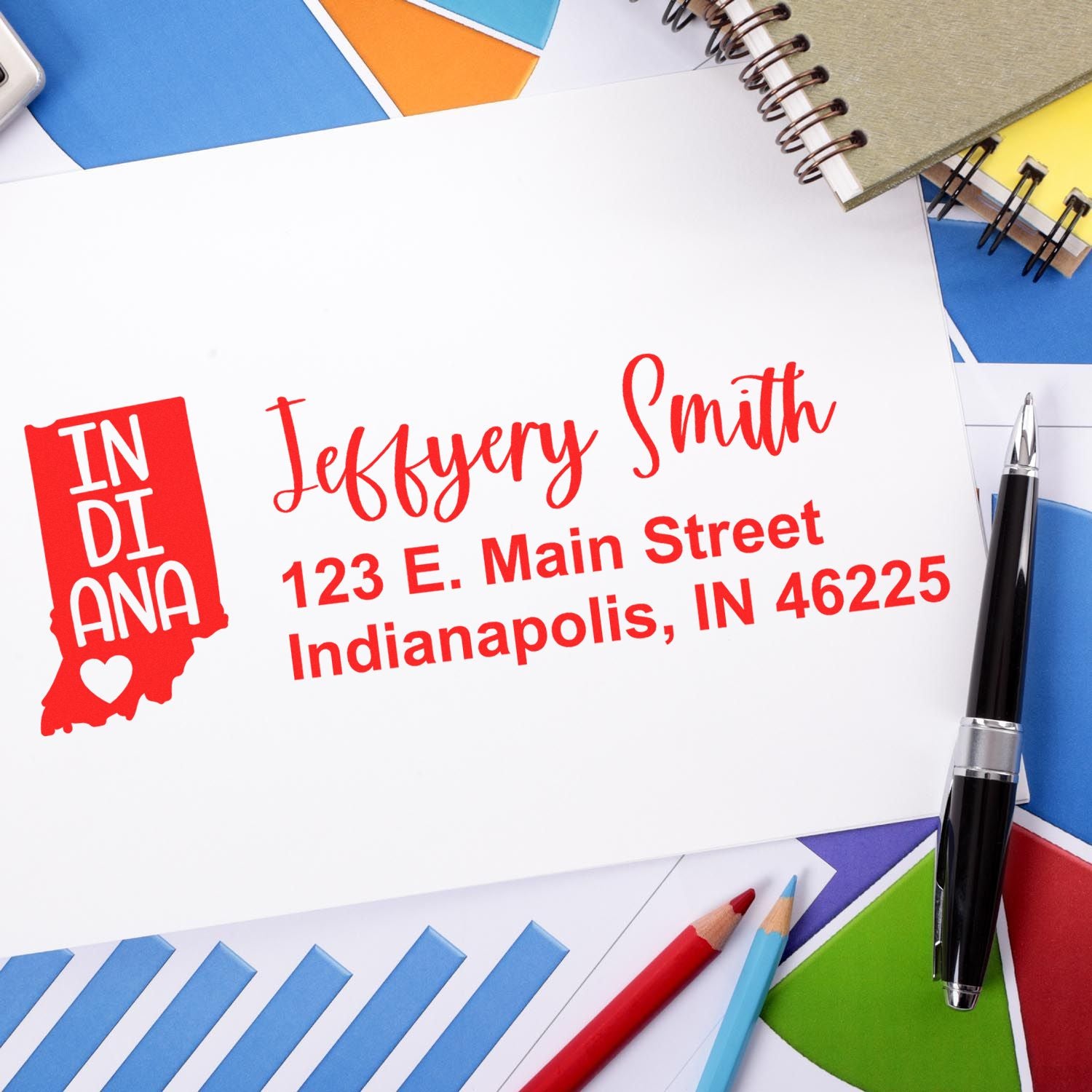 Custom Indiana return address rubber stamp with name and mailing address for envelopes and mailing labels.