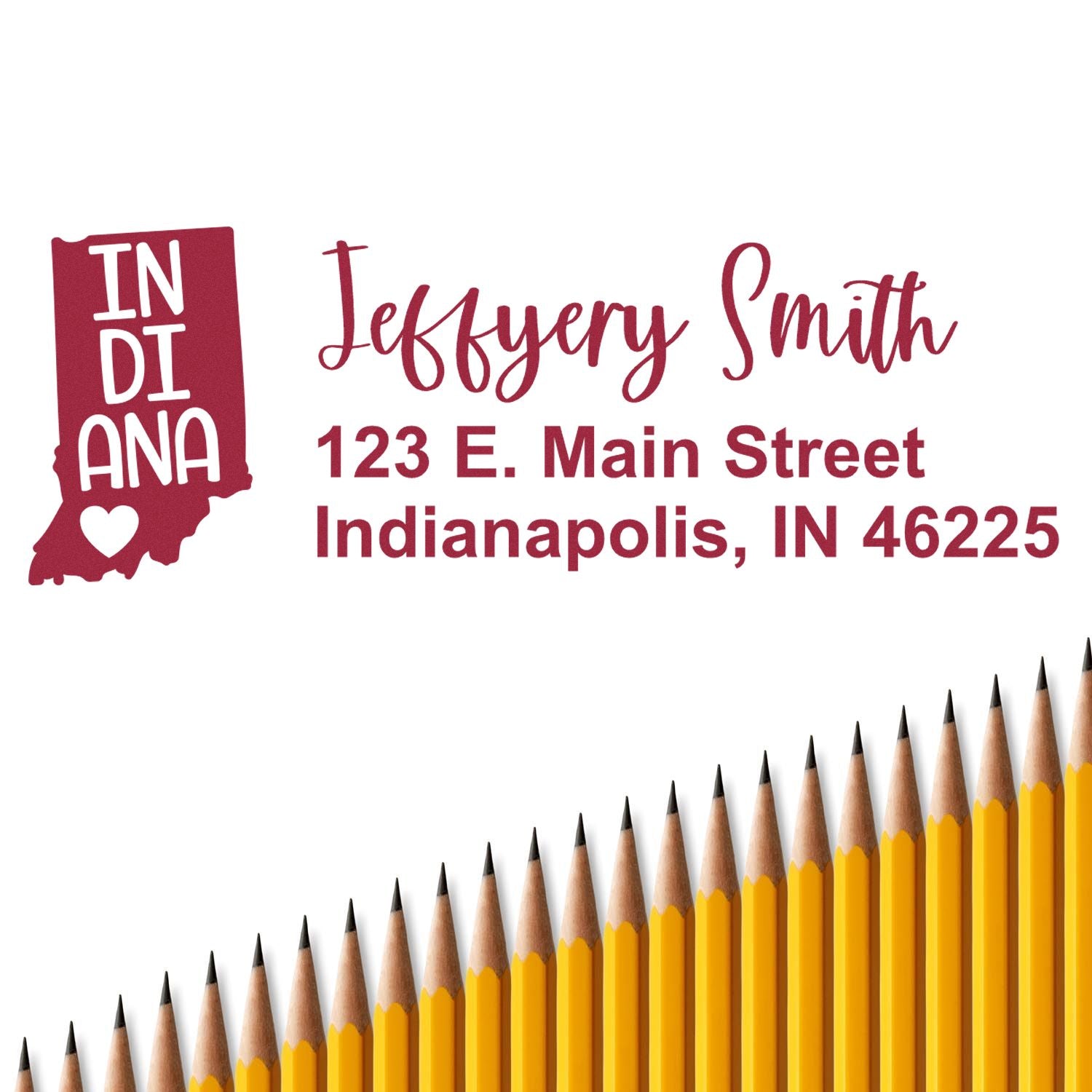 Custom Indiana return address rubber stamp with name, Indianapolis address and state shape, perfect for school or business mail.
