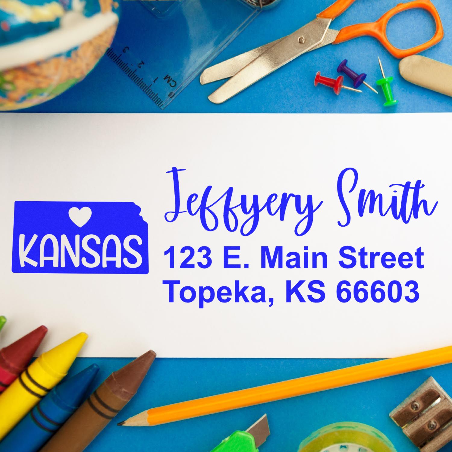 Custom rubber address stamp with Kansas design, Jeffrey Smith name, and Topeka, KS mailing address