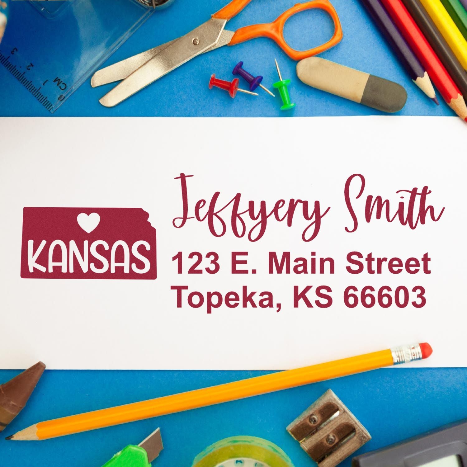 Personalized Kansas return address rubber stamp for Jeffery Smith, Topeka, KS 66603