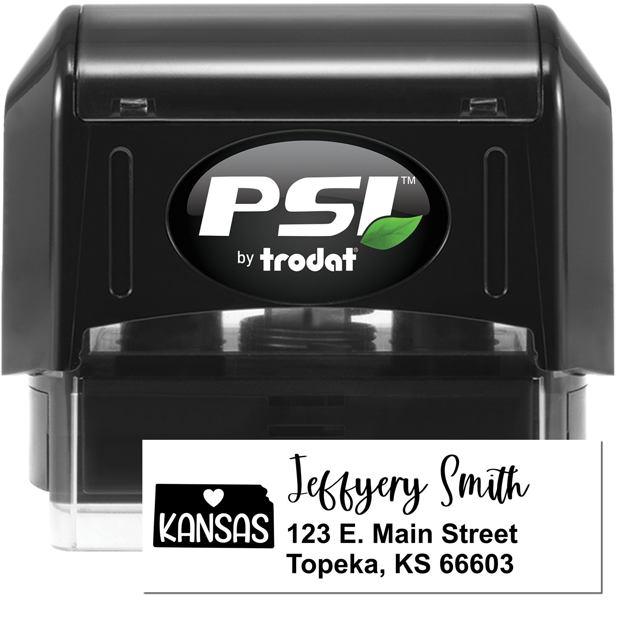 PSI by Trodat self-inking address rubber stamp with Kansas logo and Jeffery Smith, Topeka, KS 66603 imprint.
