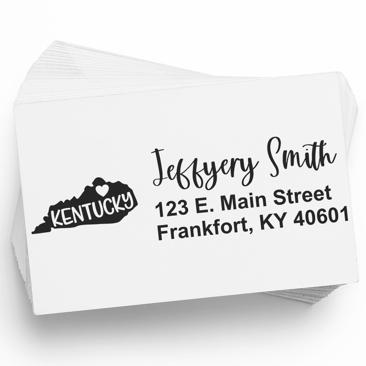 Custom Kentucky address rubber stamp with name, street address, and state outline for personalized business mailings.
